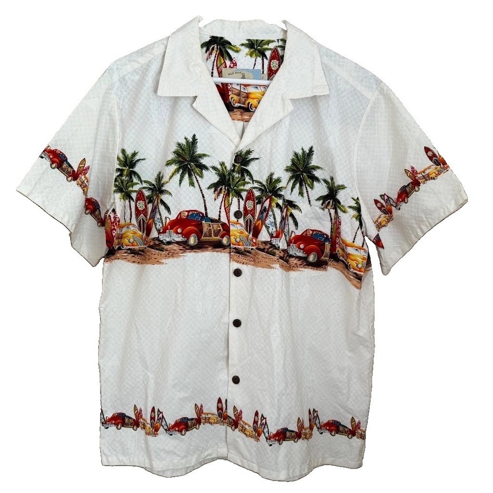 High Surf Hawaiian Shirt Sz XL Palm Tree Vintage Cars Surfboards Tropical Resort